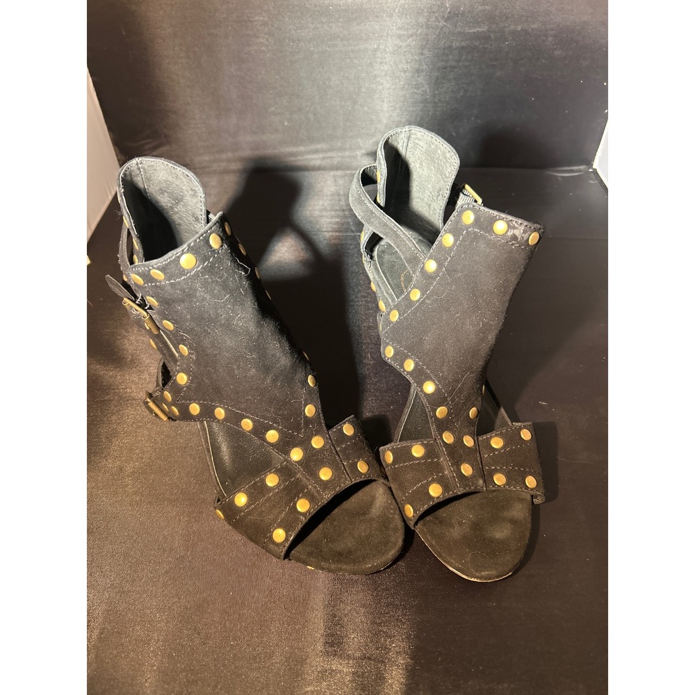 Ash Sade Black‎ Suede Studded Gladiator Block Heel Sandals Womens 36 Brass Studs